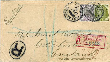 Figure 2: Boston registry label on cover from Jamaica to England, 1899.